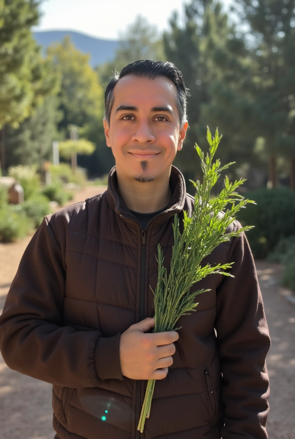 hombre mirando a camara con planta en la mano