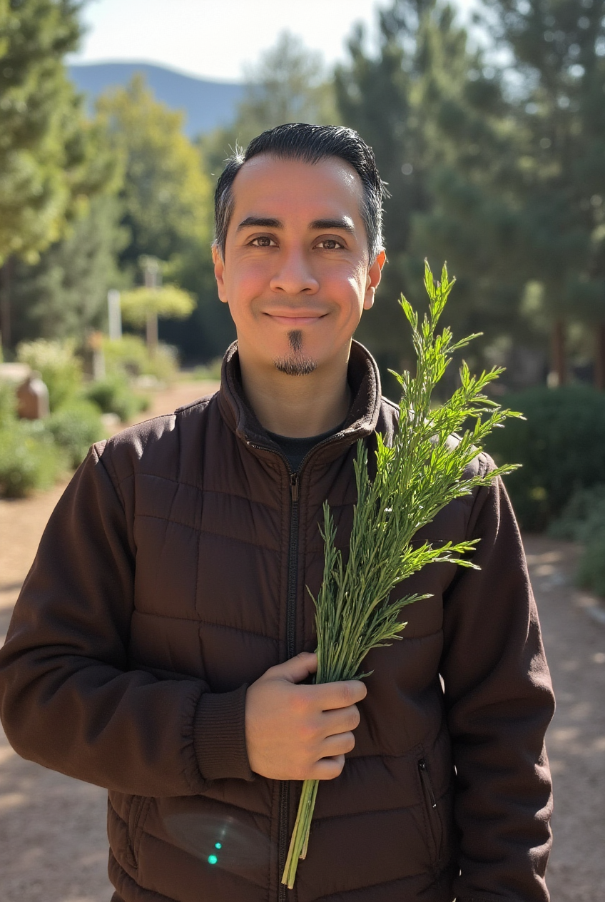 hombre mirando a camara con planta en la mano