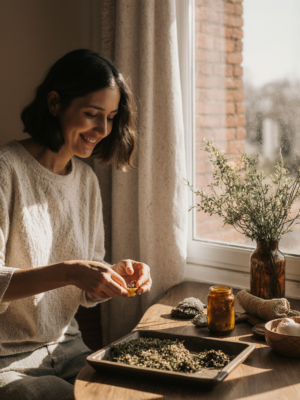 mujer con plantas medicinales al lado de la ventana
