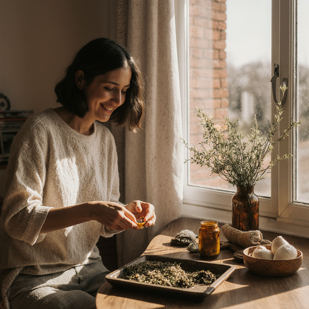 mujer con plantas medicinales al lado de la ventana