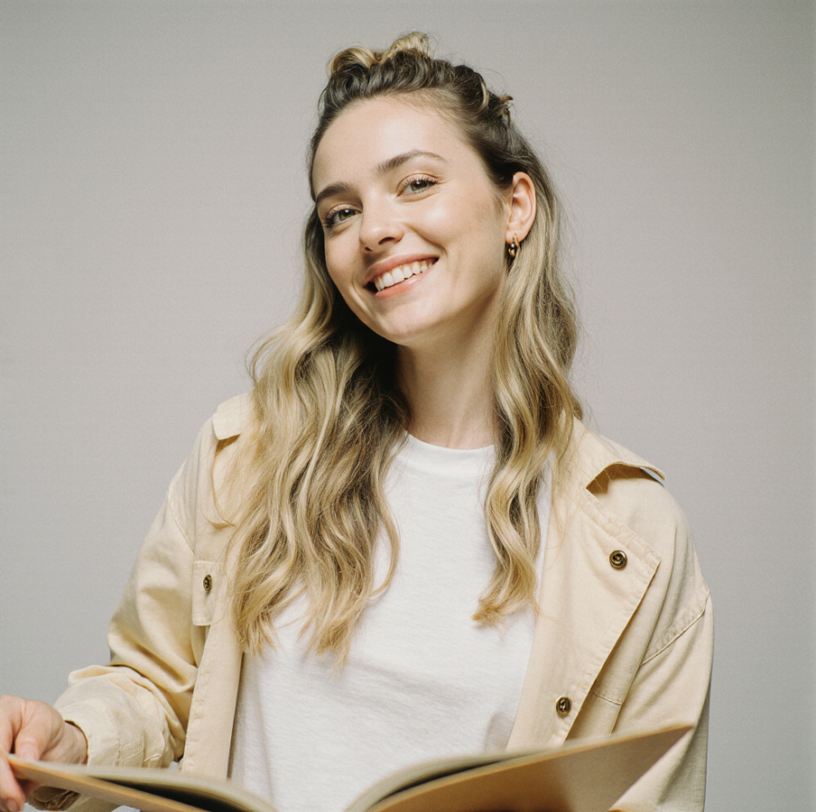 mujer profesional, con carpeta de trabajo mirando a camara, colores claros