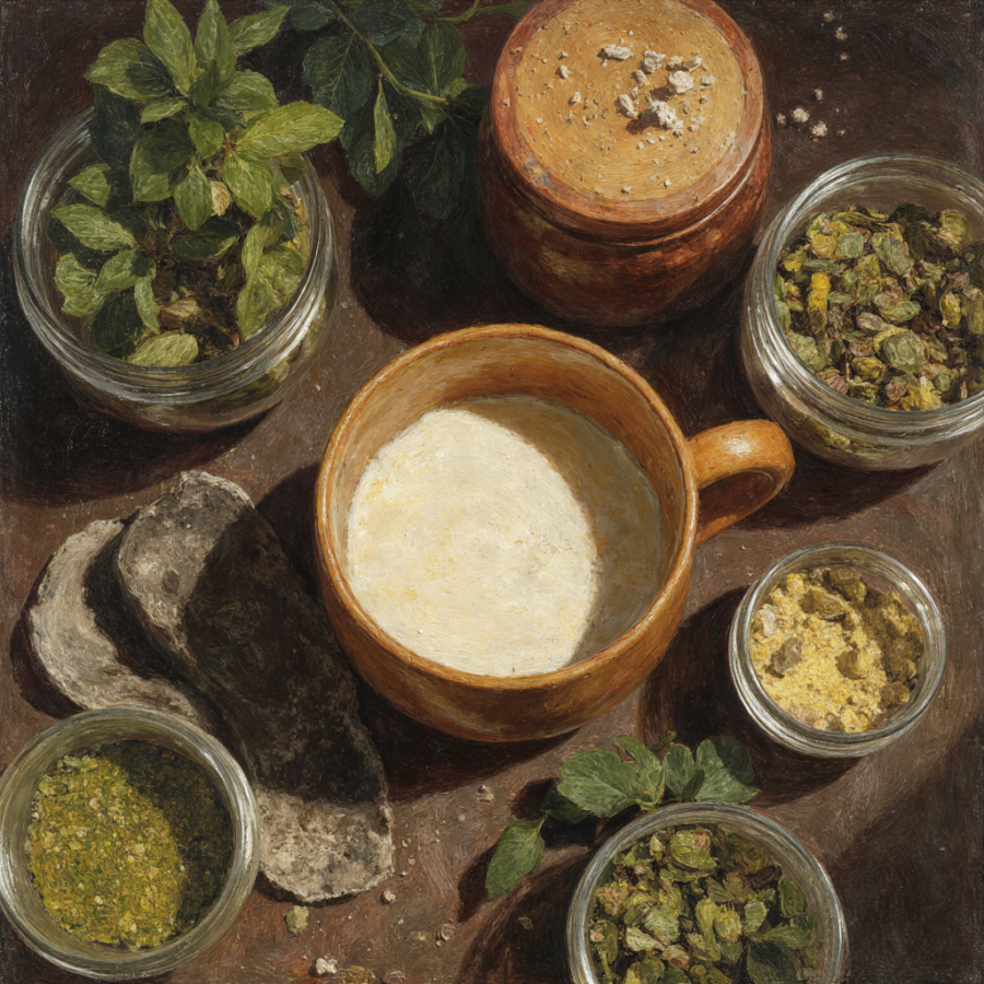 plantas medicinales tazon en mesa de madera rustica