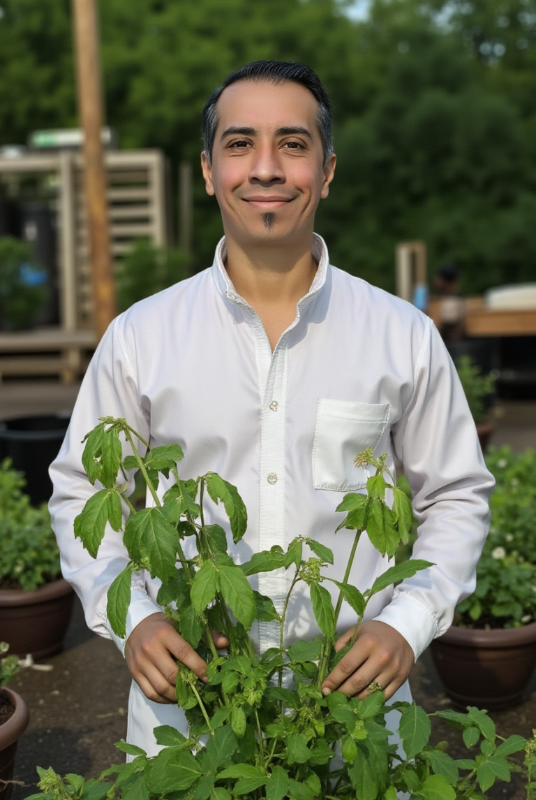 hombre herbolario con plantas medicinales mirando a camara