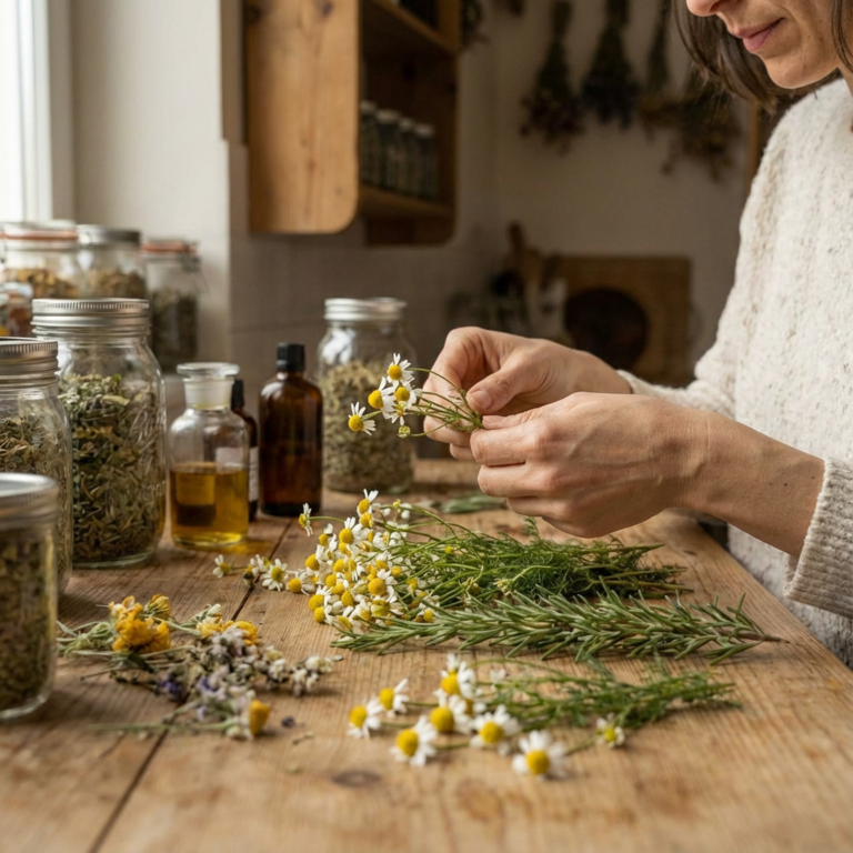 manos de mujer trabajando sobre una mesa de madera con plantas medicinales. luz natural.