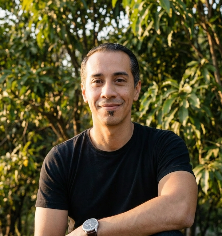 hombre joven mirando a camara arboles de fondo