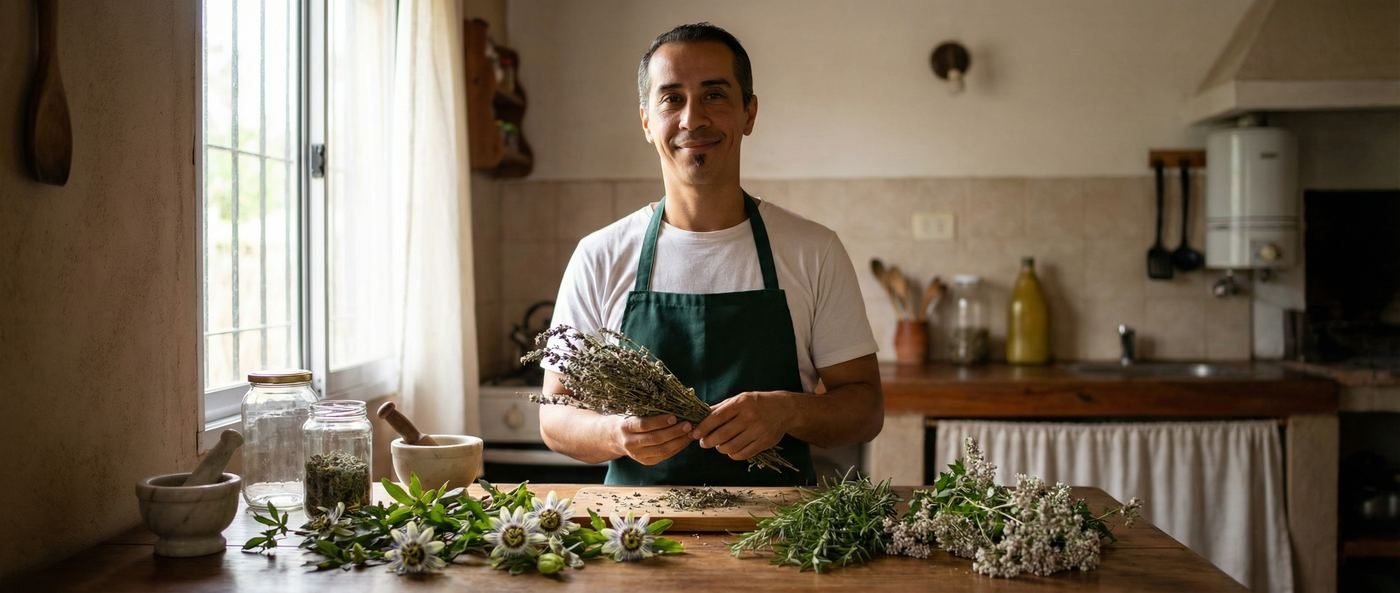 Gastón González trabajando con plantas medicinales