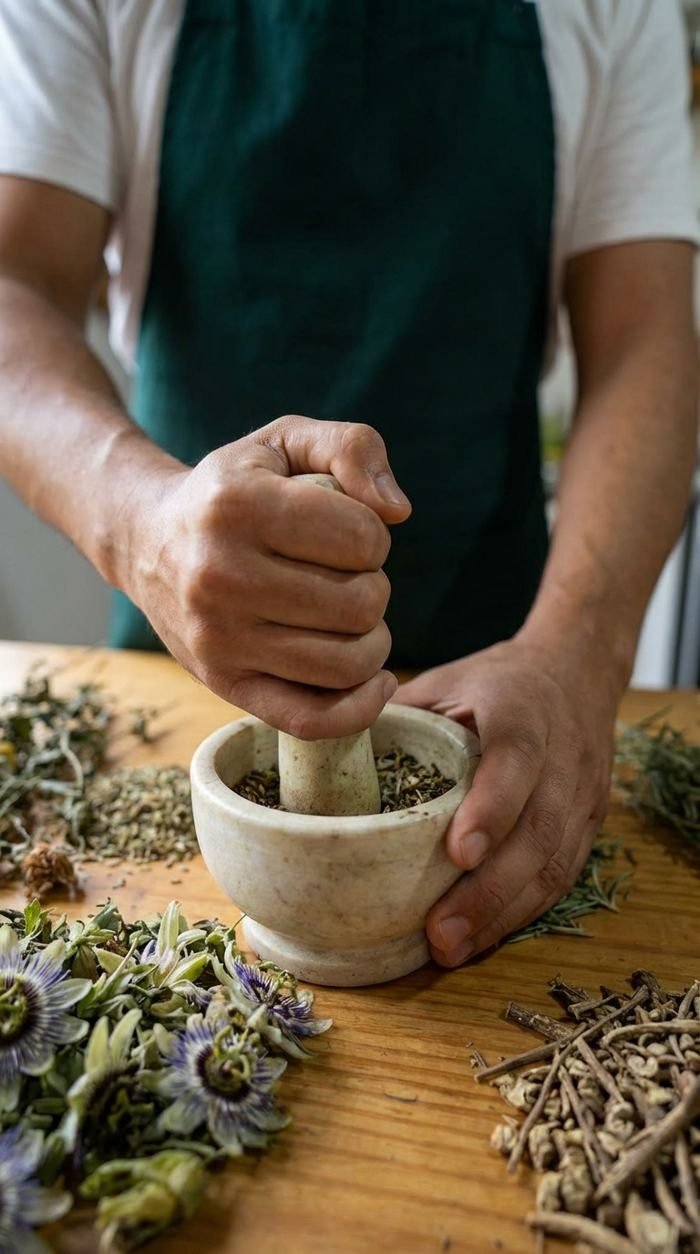 Manos trabajando plantas medicinales en un mortero